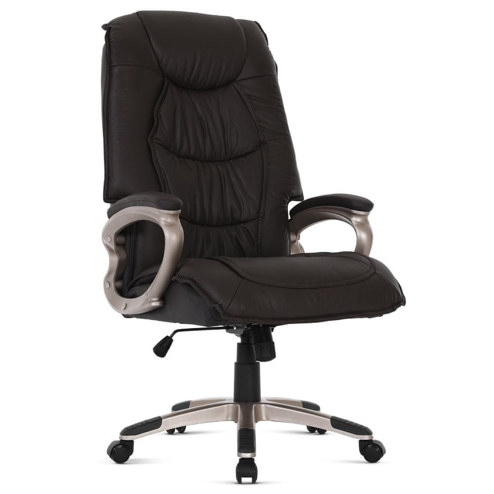 Autronic Kancelárska stolička, tmavo hnedá koža, plast vo farbe champagne, kolieska pre tvrdé podlahy